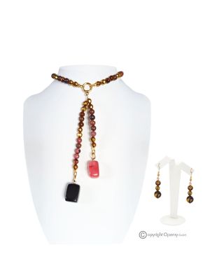 SOLEIL – Conjunto de collar y pendientes de rodonita, hematita, ojo de tigre, cuarzo y ónix, hecho a mano.