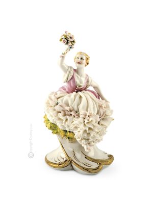 MUJER CON FLORES Estatuilla de figura de porcelana Capodimonte hecha a mano en Italia