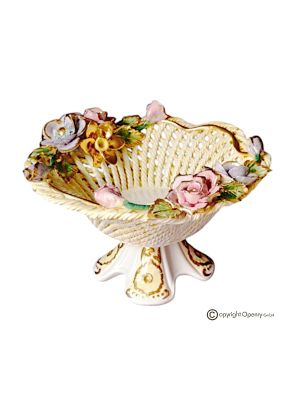 Soporte de mesa de cerámica de estilo barroco, adornado con flores y acabados dorados, hecho a mano.