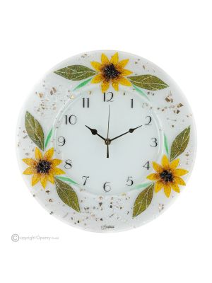 Reloj de pared GIRASOL, vidrio artístico decorado en relieve floral, hecho a mano.