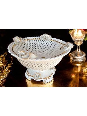 Base para tarta, centro de mesa de cerámica superior, con rosas, cristales y detalles en oro, hecho a mano.