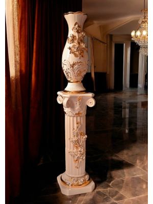 Jarrón con columna de cerámica, decorado con rosas, cristales de Swarovski y detalles dorados.
