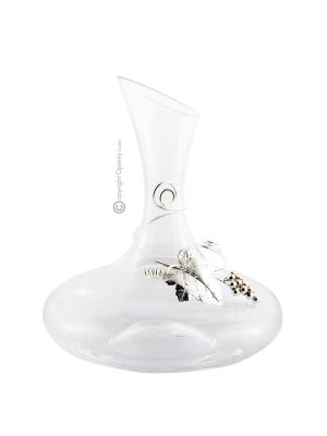 DECANTER CON TRONCO DE HOJA DE UVA Jarra de Agua de Vino en Elegante Combinación de Cristal y Plata Martillado a Mano Chapado Especial Antioxidante Made in Italy *1,5l